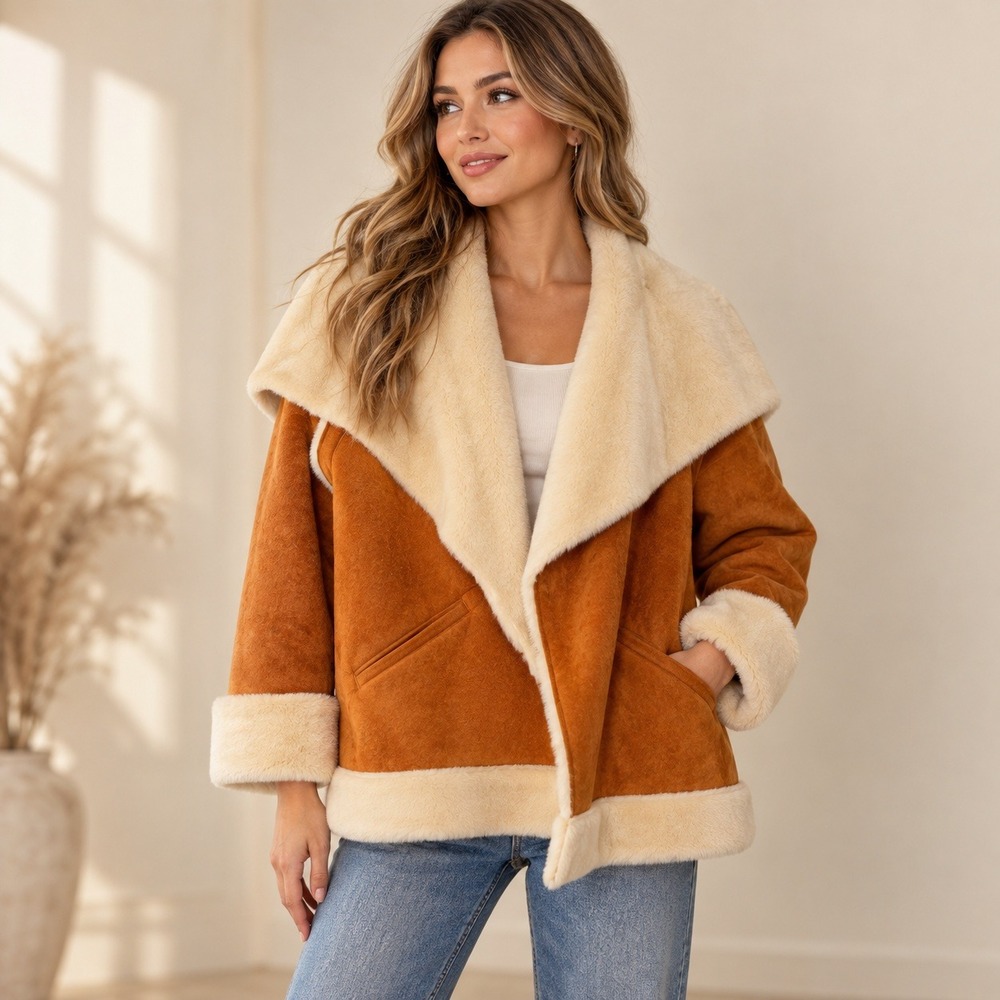 Somedays Lovin Oversized Aviator Faux Suede Shearling Coat Cognac Cream Size M